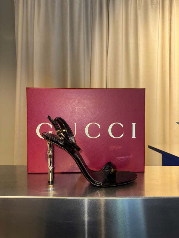 Gucci Bamboo Heel Patent Leather Sandals Black Ankle Strap High Heels Silver Hardware