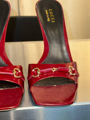 Gucci Horsebit Patent Leather Mules Red Burgundy Square Toe Heeled Sandals Gold Hardware Vintage