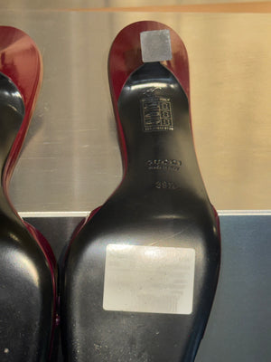 Gucci Horsebit Patent Leather Mules Red Burgundy Square Toe Heeled Sandals Gold Hardware Vintage