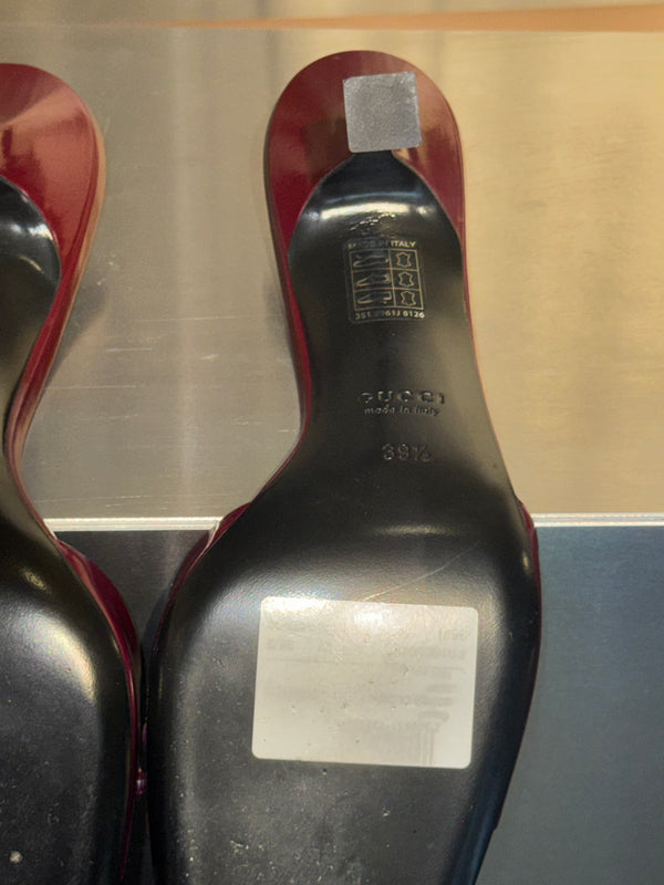 Gucci Horsebit Patent Leather Mules Red Burgundy Square Toe Heeled Sandals Gold Hardware Vintage