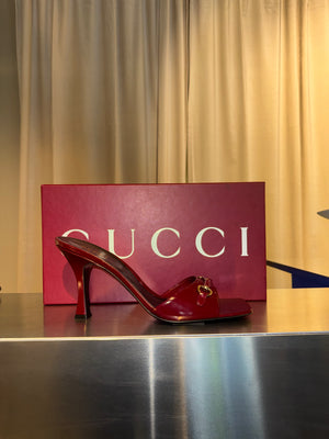 Gucci Horsebit Patent Leather Mules Red Burgundy Square Toe Heeled Sandals Gold Hardware Vintage