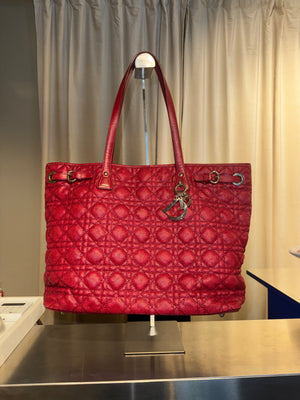 Christian Dior Cannage Panarea Tote Bag Quilted Metallic Red Leather Shoulder Bag D.I.O.R. Charms Vintage