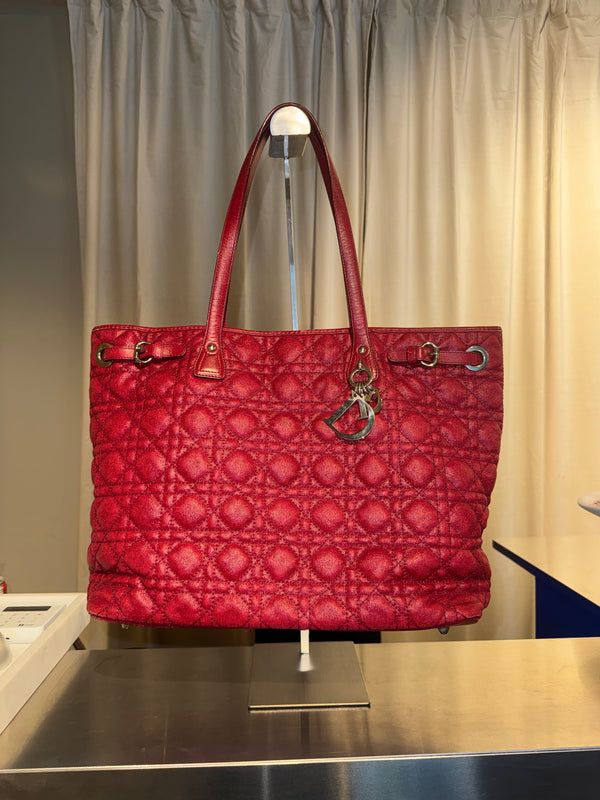 Christian Dior Cannage Panarea Tote Bag Quilted Metallic Red Leather Shoulder Bag D.I.O.R. Charms Vintage