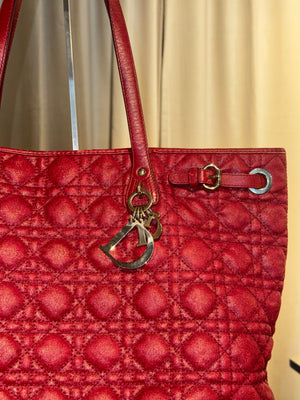 Christian Dior Cannage Panarea Tote Bag Quilted Metallic Red Leather Shoulder Bag D.I.O.R. Charms Vintage