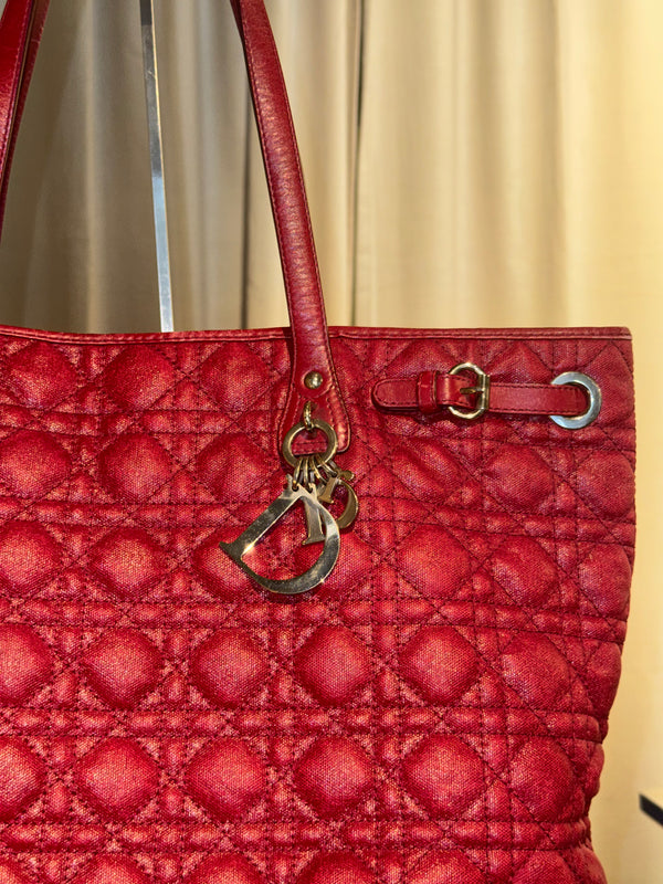 Christian Dior Cannage Panarea Tote Bag Quilted Metallic Red Leather Shoulder Bag D.I.O.R. Charms Vintage