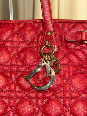 Christian Dior Cannage Panarea Tote Bag Quilted Metallic Red Leather Shoulder Bag D.I.O.R. Charms Vintage