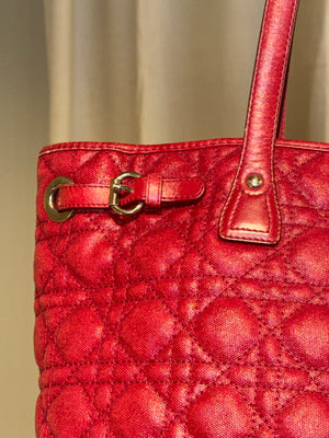 Christian Dior Cannage Panarea Tote Bag Quilted Metallic Red Leather Shoulder Bag D.I.O.R. Charms Vintage