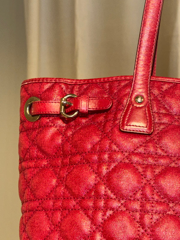 Christian Dior Cannage Panarea Tote Bag Quilted Metallic Red Leather Shoulder Bag D.I.O.R. Charms Vintage