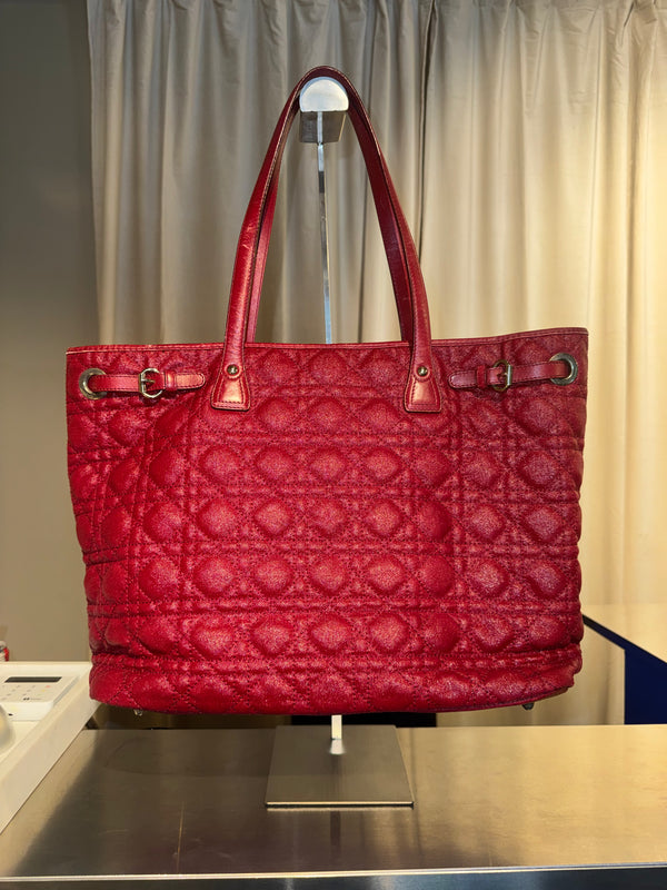 Christian Dior Cannage Panarea Tote Bag Quilted Metallic Red Leather Shoulder Bag D.I.O.R. Charms Vintage