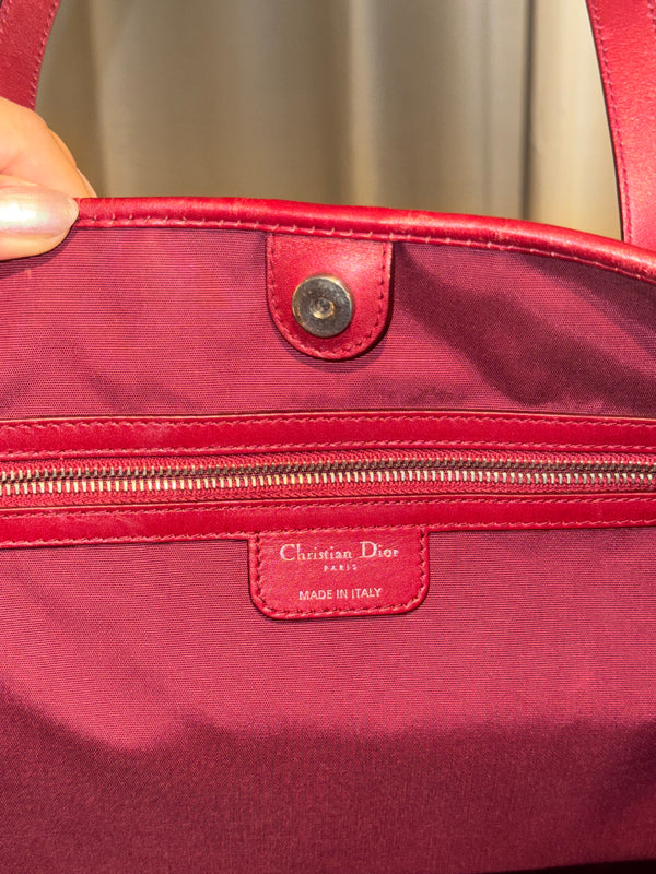 Christian Dior Cannage Panarea Tote Bag Quilted Metallic Red Leather Shoulder Bag D.I.O.R. Charms Vintage