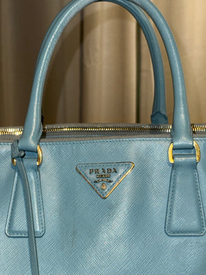 Prada Saffiano Leather Galleria Tote Bag Light Blue Baby Blue Gold Hardware Triangle Logo Top Handle