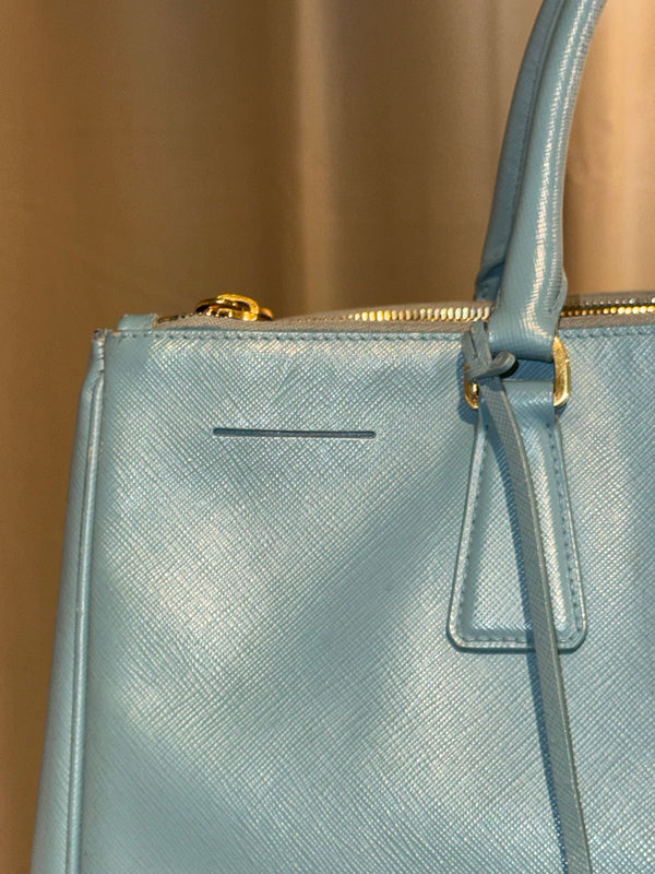 Prada Saffiano Leather Galleria Tote Bag Light Blue Baby Blue Gold Hardware Triangle Logo Top Handle