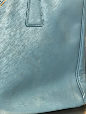 Prada Saffiano Leather Galleria Tote Bag Light Blue Baby Blue Gold Hardware Triangle Logo Top Handle