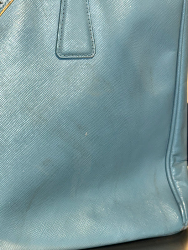 Prada Saffiano Leather Galleria Tote Bag Light Blue Baby Blue Gold Hardware Triangle Logo Top Handle