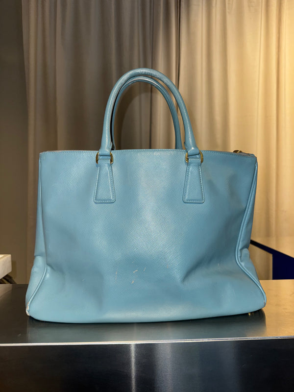 Prada Saffiano Leather Galleria Tote Bag Light Blue Baby Blue Gold Hardware Triangle Logo Top Handle