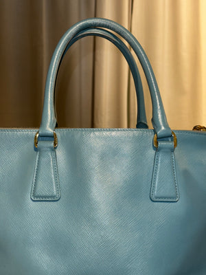 Prada Saffiano Leather Galleria Tote Bag Light Blue Baby Blue Gold Hardware Triangle Logo Top Handle