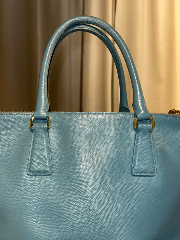 Prada Saffiano Leather Galleria Tote Bag Light Blue Baby Blue Gold Hardware Triangle Logo Top Handle