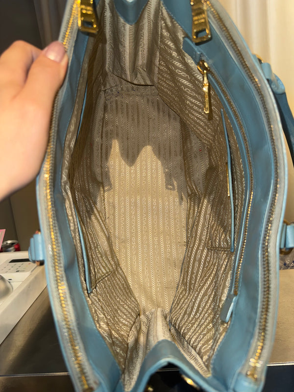 Prada Saffiano Leather Galleria Tote Bag Light Blue Baby Blue Gold Hardware Triangle Logo Top Handle