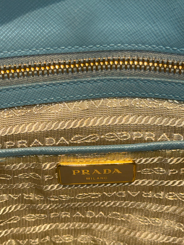 Prada Saffiano Leather Galleria Tote Bag Light Blue Baby Blue Gold Hardware Triangle Logo Top Handle