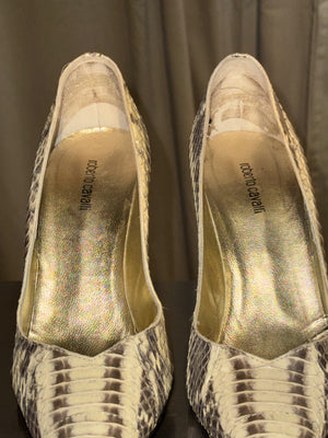 Roberto Cavalli Python Snakeskin Pointed Toe Pumps Beige Gold Leather Stiletto Heels Vintage