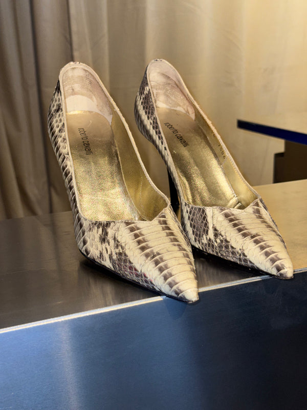 Roberto Cavalli Python Snakeskin Pointed Toe Pumps Beige Gold Leather Stiletto Heels Vintage
