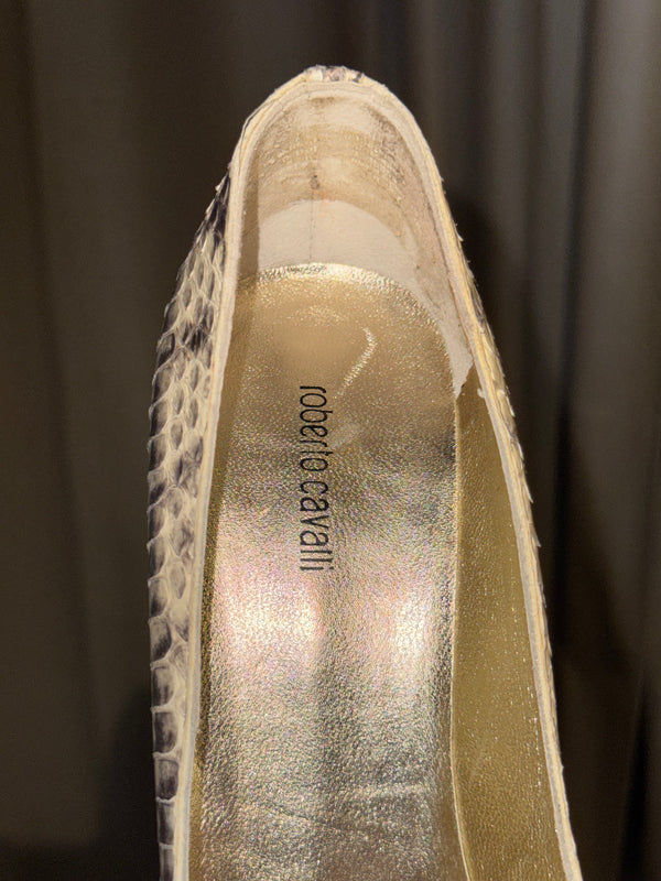 Roberto Cavalli Python Snakeskin Pointed Toe Pumps Beige Gold Leather Stiletto Heels Vintage