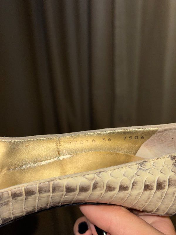 Roberto Cavalli Python Snakeskin Pointed Toe Pumps Beige Gold Leather Stiletto Heels Vintage