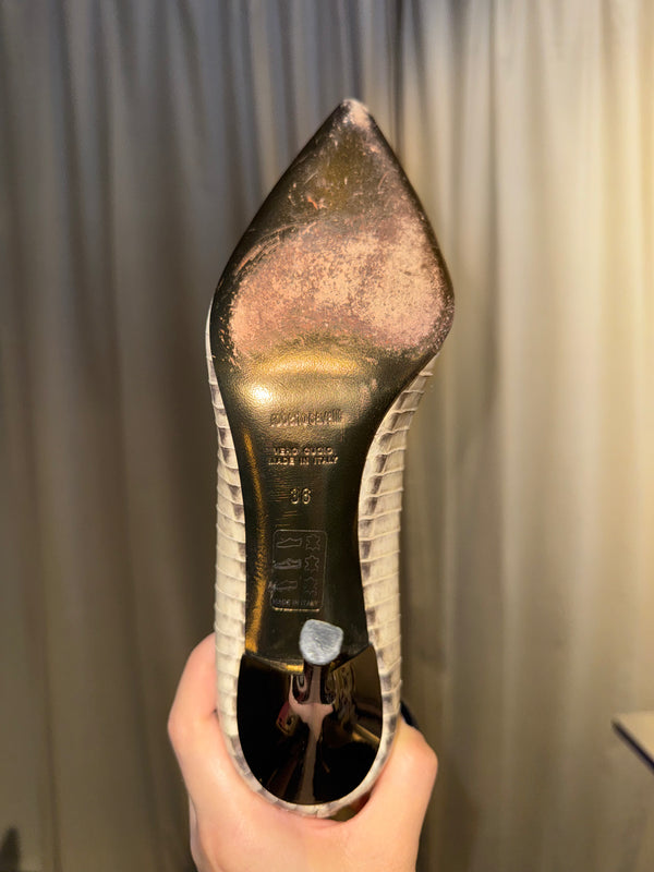 Roberto Cavalli Python Snakeskin Pointed Toe Pumps Beige Gold Leather Stiletto Heels Vintage
