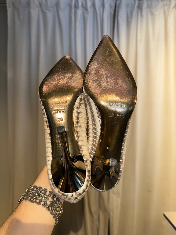 Roberto Cavalli Python Snakeskin Pointed Toe Pumps Beige Gold Leather Stiletto Heels Vintage