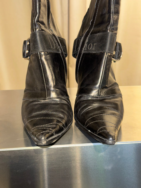 Christian Dior Pointed Toe Leather Ankle Boots Black Logo Buckle Strap Stiletto Heels Vintage John Galliano Era