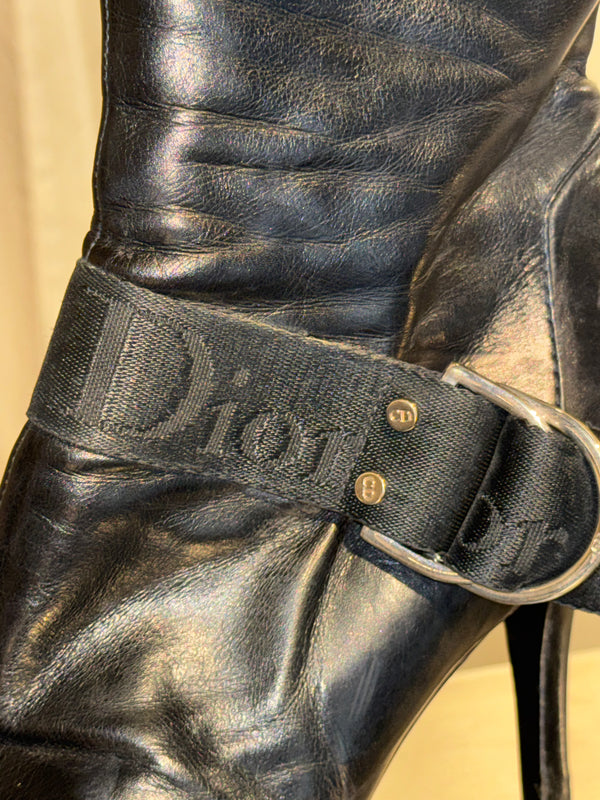 Christian Dior Pointed Toe Leather Ankle Boots Black Logo Buckle Strap Stiletto Heels Vintage John Galliano Era