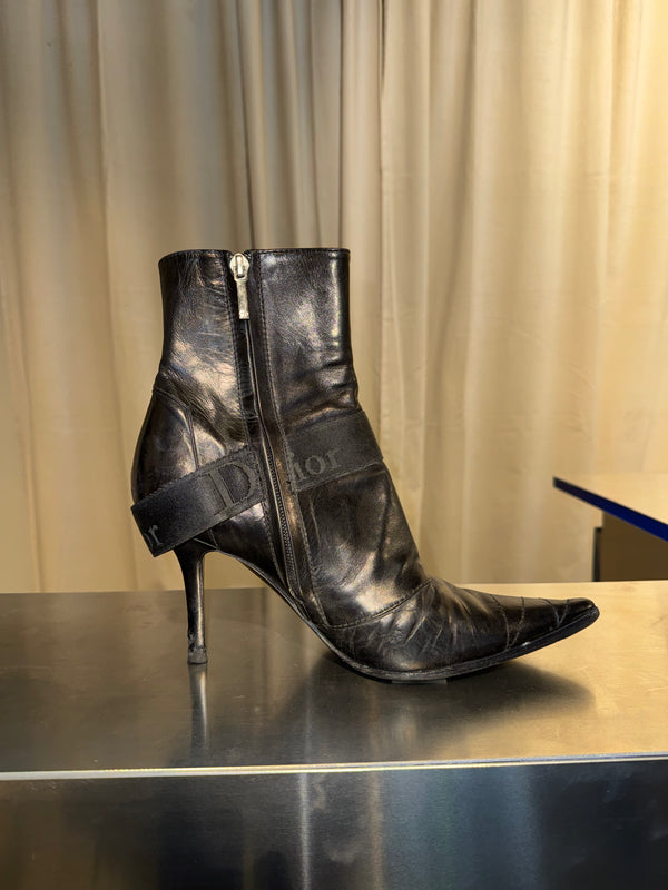 Christian Dior Pointed Toe Leather Ankle Boots Black Logo Buckle Strap Stiletto Heels Vintage John Galliano Era