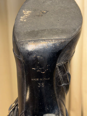 Christian Dior Pointed Toe Leather Ankle Boots Black Logo Buckle Strap Stiletto Heels Vintage John Galliano Era