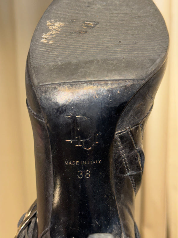 Christian Dior Pointed Toe Leather Ankle Boots Black Logo Buckle Strap Stiletto Heels Vintage John Galliano Era