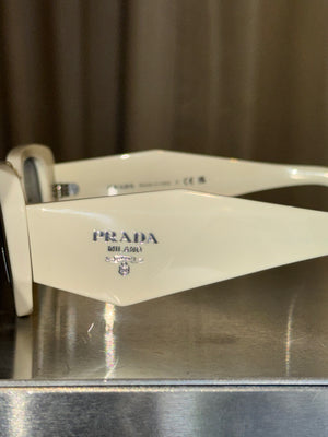 Prada Symbole Narrow Rectangular Sunglasses White Frame Dark Tint Lenses Y2K Vintage