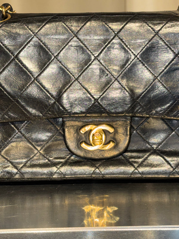 Chanel Small Double Flap Vintage Black Aged Quilted Leather Classic Flap Shoulder Bag Gold Hardware