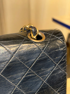 Chanel Small Double Flap Vintage Black Aged Quilted Leather Classic Flap Shoulder Bag Gold Hardware