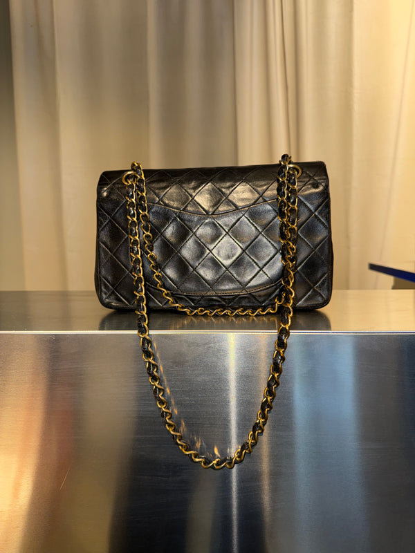 Chanel Small Double Flap Vintage Black Aged Quilted Leather Classic Flap Shoulder Bag Gold Hardware