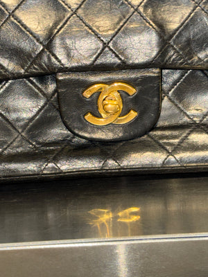 Chanel Small Double Flap Vintage Black Aged Quilted Leather Classic Flap Shoulder Bag Gold Hardware