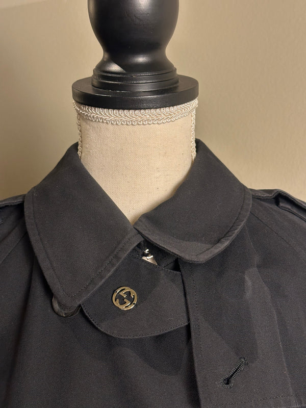 Gucci Trench Coat floral lining traditional classic button up tie waist navy warm thick wool GG IT40