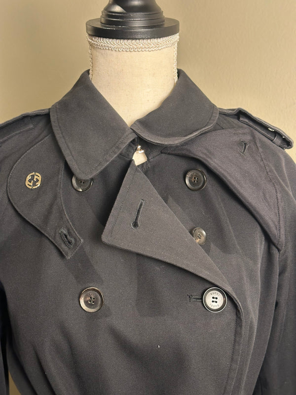 Gucci Trench Coat floral lining traditional classic button up tie waist navy warm thick wool GG IT40