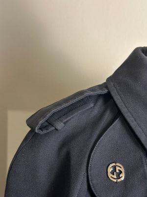 Gucci Trench Coat floral lining traditional classic button up tie waist navy warm thick wool GG IT40