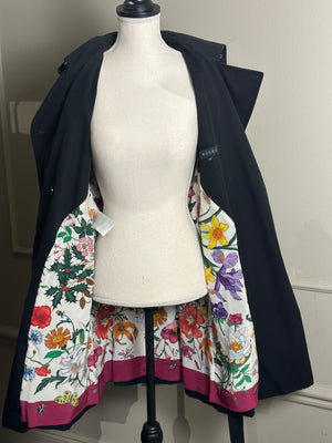 Gucci Trench Coat floral lining traditional classic button up tie waist navy warm thick wool GG IT40