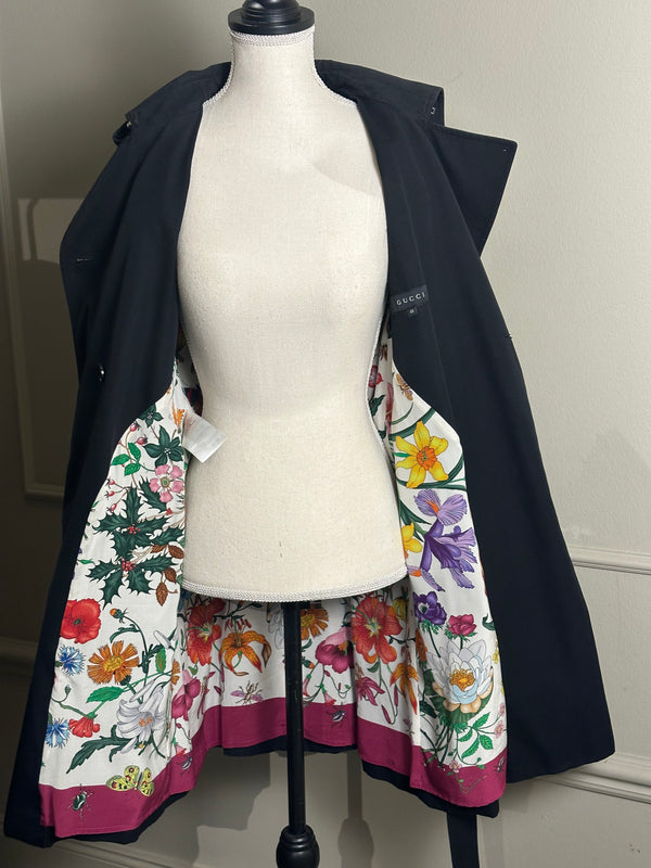 Gucci Trench Coat floral lining traditional classic button up tie waist navy warm thick wool GG IT40
