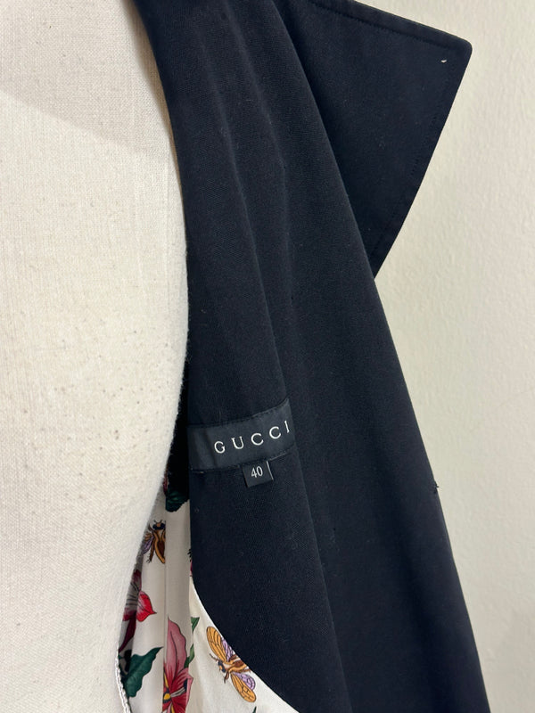 Gucci Trench Coat floral lining traditional classic button up tie waist navy warm thick wool GG IT40