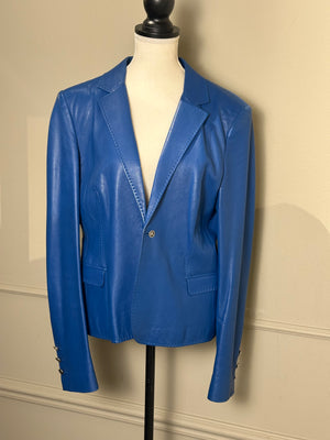 Versace electric Blue Leather Blazer chic sleek 90s jacket button up medusa button detail IT 48