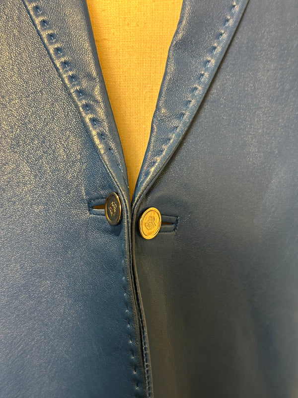 Versace electric Blue Leather Blazer chic sleek 90s jacket button up medusa button detail IT 48