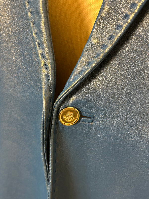 Versace electric Blue Leather Blazer chic sleek 90s jacket button up medusa button detail IT 48