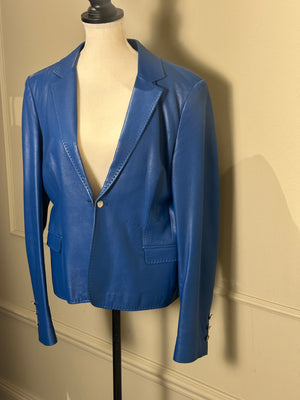 Versace electric Blue Leather Blazer chic sleek 90s jacket button up medusa button detail IT 48