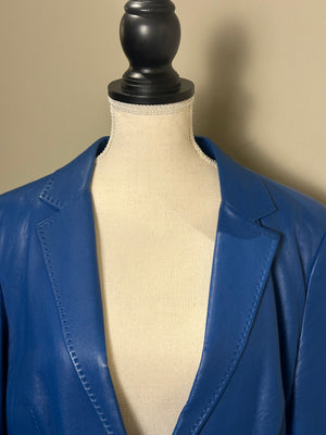 Versace electric Blue Leather Blazer chic sleek 90s jacket button up medusa button detail IT 48